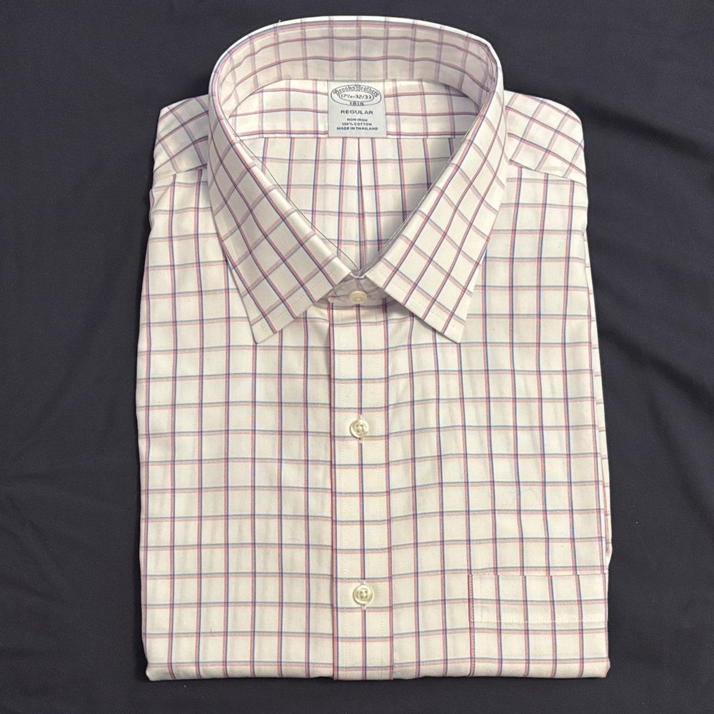Brooks Brothers White Dress Shirt with Pink & Blue Windowpane